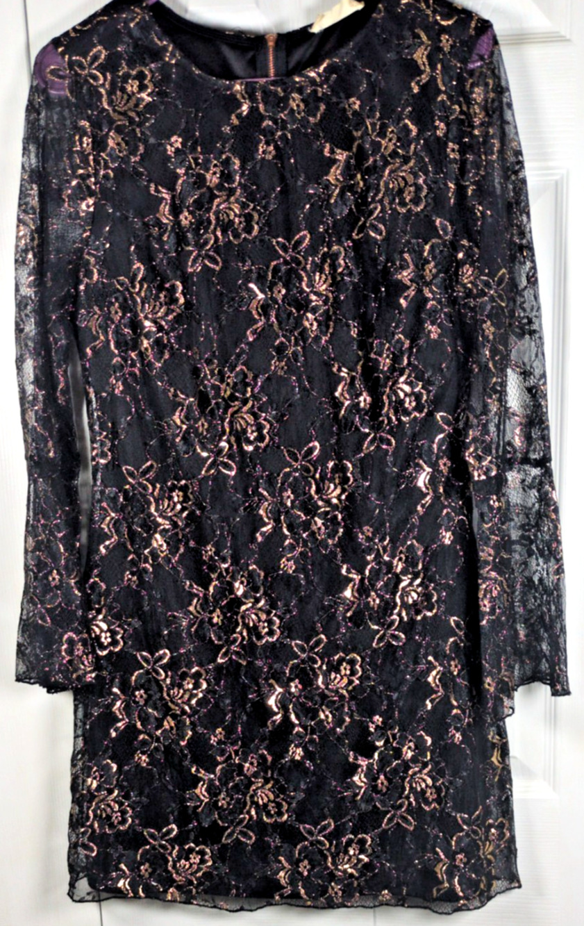 Altar'd State Cassandra Lace Mini Dress Womens M Black Rose Gold LBD Cocktail